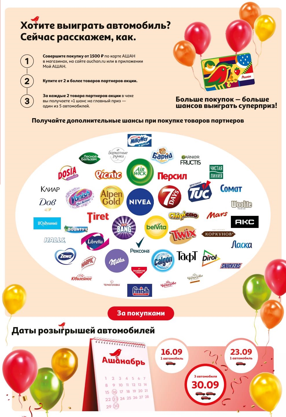 Правила участия в розыгрыше 5 машин: покупка от 1500р и товары партнеров. Даты розыгрышей 16, 23, 30 сентября. 